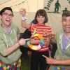 Dec, left, and Rob, right, with Teddy Kronschnabl (11), during one of the children’s craft workshops. Photo: Alan Quick. 