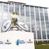 rugby World Cup balls outside office building