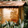 garden shed surrounded by shrubs