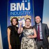  Sarah Daniel from RGB Building Supplies receiving the Independent Rising Star of the Year Award at the BMJ Industry Awards. From LtoR: Natasha Kaplinsky OBE, Sarah Daniel, and a representative from H+H which sponsored the award.
