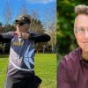 Composite. Left: Scott Williams takes aim with bow and arrow. Right: headshot of Scott.