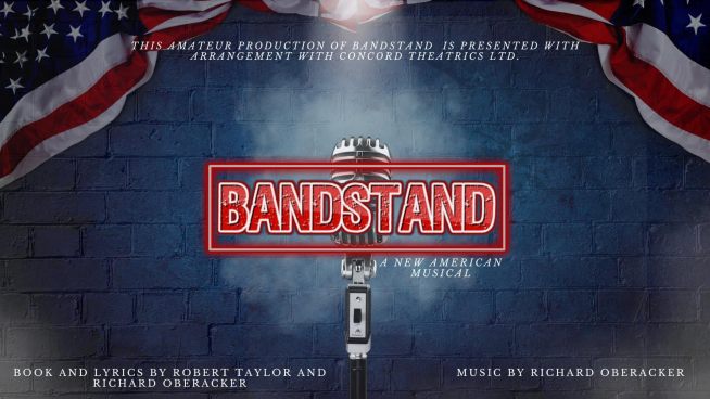 Poster Bandtsand logo with microphone and american flags on blue brick background