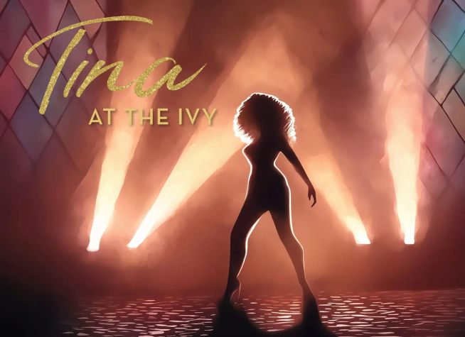 Image shows the silhouette of Tina Turner on stage with Spotlights, with the text Tina at The Ivy 
