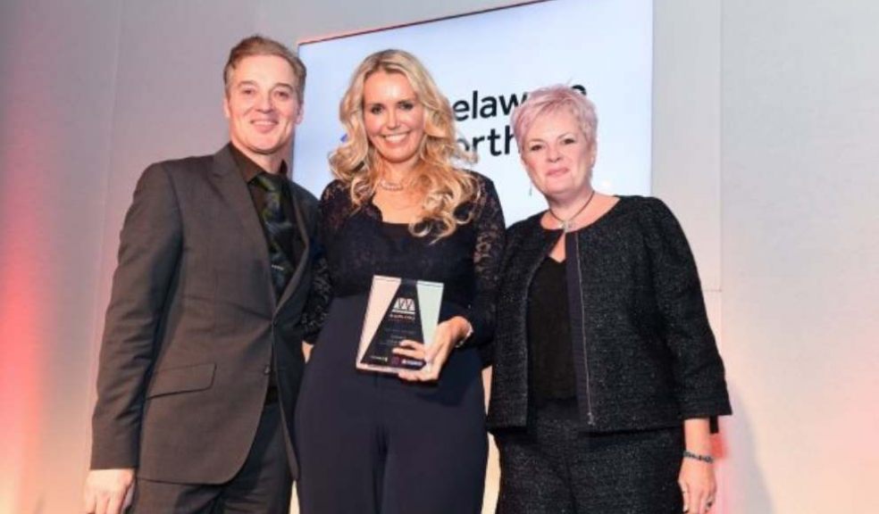 Rory Campbell (MC), Caroline Strawson of Caroline Strawson: The Divorce and Breakup Coach (winner in the Best New Business category) Sam Steele (Delaware North) at the National Business Women's Awards 2018