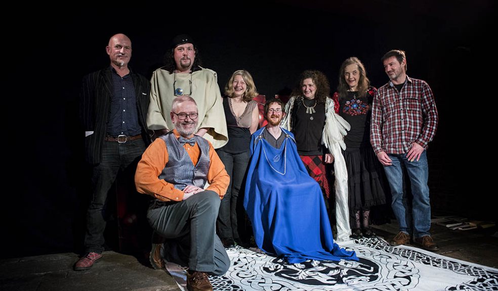 Daniel Haynes, the new Bard of Exeter (centre in blue robes), photographed with previous bards Clive Pigg, Simon Williams, Mark Lindsey Earley, Jackie Juno, and fellow contestants, Elsie Katz, Susan Taylor and Tim King