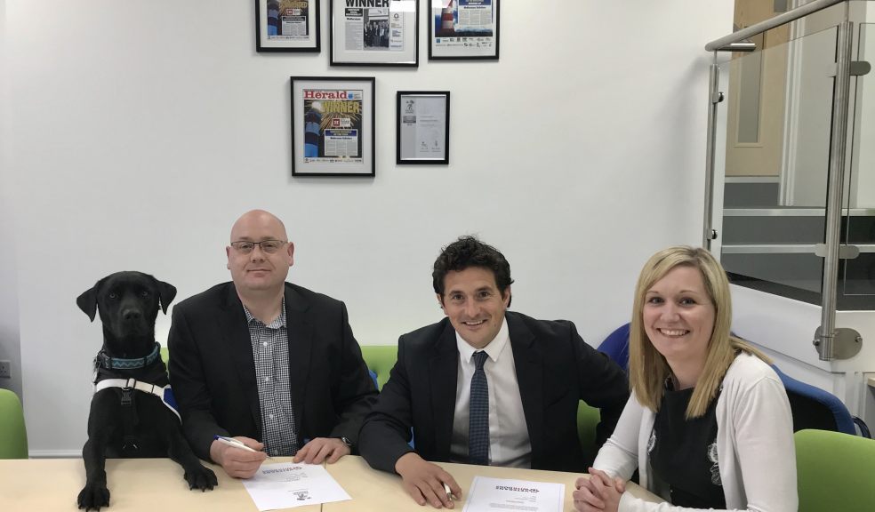 L-R are Loki, Craig MacLellan (founder of Veterans With Dogs), Johnny Mercer MP and Helena Campbell, Trustee of Veterans With Dogs.