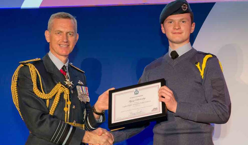 Cadet Flight Sergeant Robin Dalton receives his Flying Scholarship from Air Chief Marshal Sir Stephen Hillier at the RAF Association’s Annual Conference
