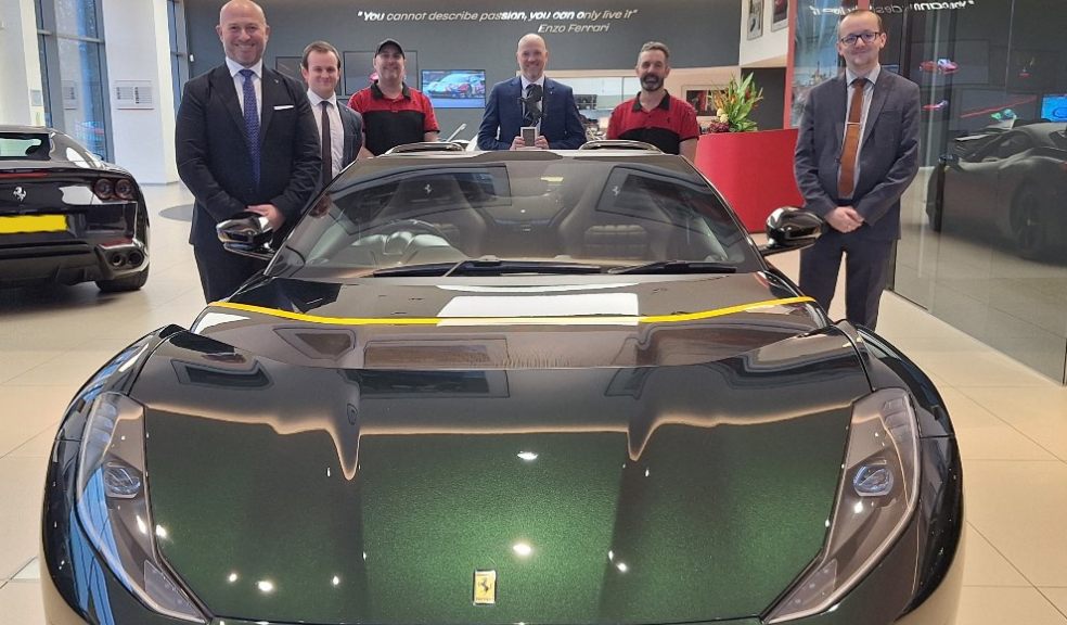 L-R: Dominic Mulvey, Tom Latham, Nick Ewings, Lee Moore (Dealer Principal), Harvey Jones, Aidan CrossThe car is an 'invite to purchase' and 1 of only 599 globally - the 812 Competizione Aperta (competition convertible in English!) is finished in 'Verde Zeltweg'.