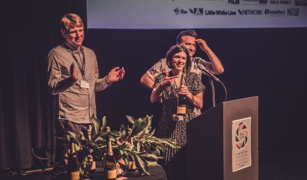 L-R: Festival organisers Luke Hagan, Claire Horrocks, Jonas Hawkins at the awards ceremony. Image credit: Rhodri Cooper.