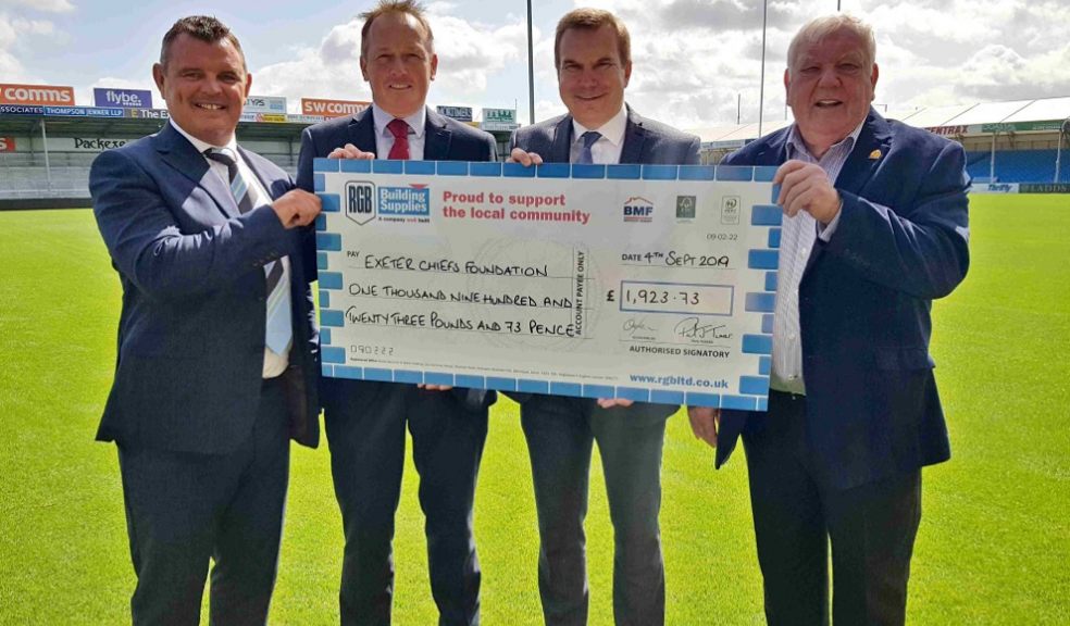 LtoR David Bird, Trustee at the Exeter Chiefs Foundation; Paul Lethbridge Branch Manager at RGB Building Supplies’ Okehampton branch; Paul West, Branch Manager at RGB Building Supplies’ Exeter branch and Tony Rowe OBE, Chief Executive and Chairman of Exeter Rugby Group Plc