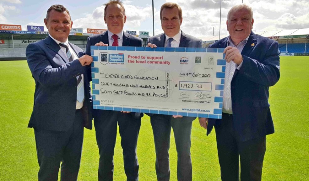 LtoR David Bird, Trustee at the Exeter Chiefs Foundation; Paul Lethbridge Branch Manager at RGB Building Supplies’ Okehampton branch; Paul West, Branch Manager at RGB Building Supplies’ Exeter branch and Tony Rowe OBE, Chief Executive and Chairman of Exeter Rugby Group Plc LtoR David Bird, Trustee at the Exeter Chiefs Foundation; Paul Lethbridge Branch Manager at RGB Building Supplies’ Okehampton branch; Paul West, Branch Manager at RGB Building Supplies’ Exeter branch and Tony Rowe OBE, Chief Executive and Chairman of Exeter Rugby Group Plc