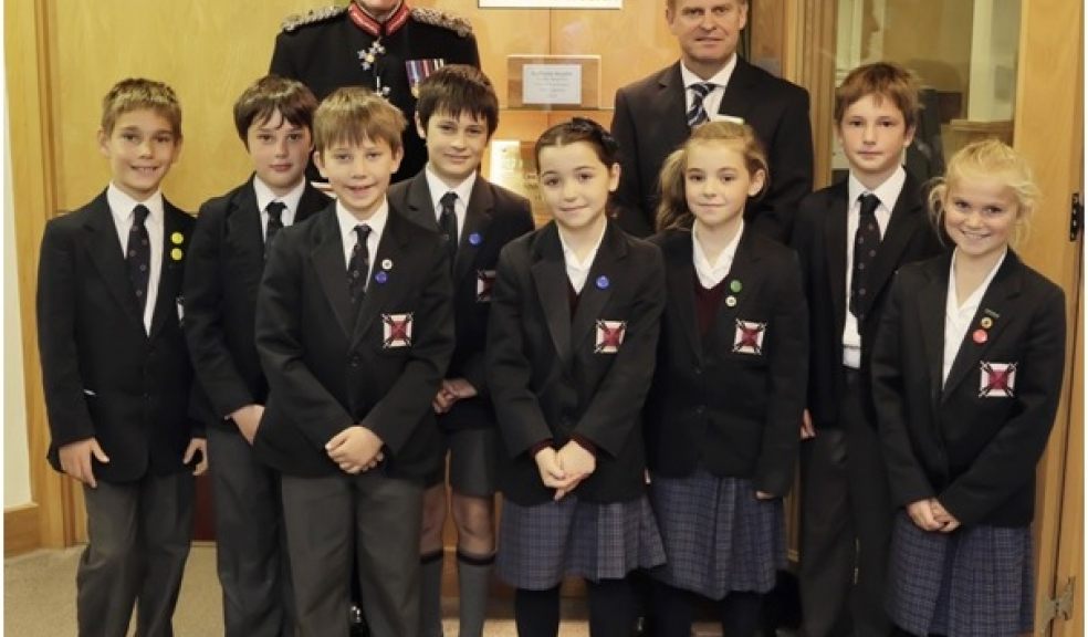 The Lord Lieutenant with children from Exeter Junior School and Paul Taylor