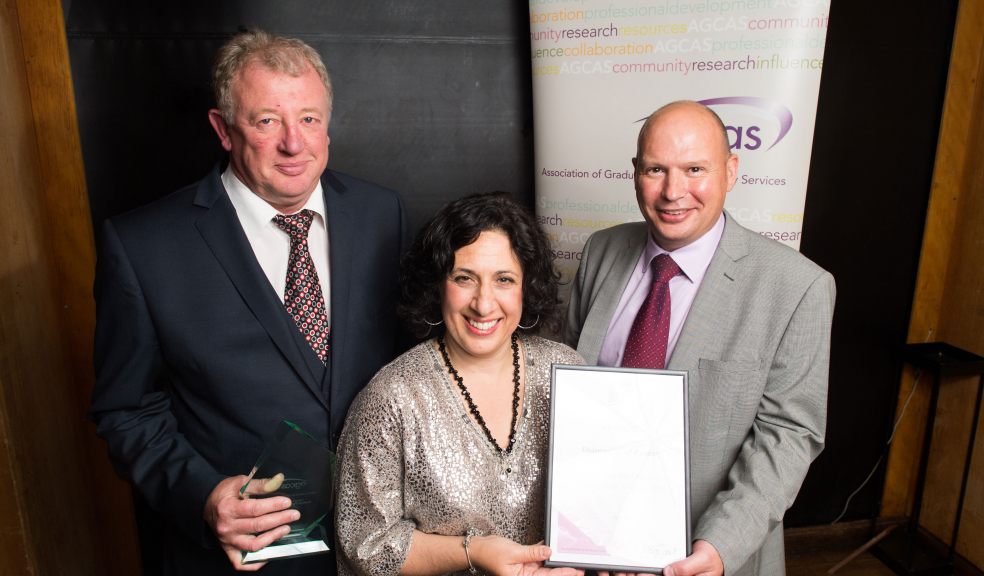 Photo: Paul Blackmore, Tammy Goldfield (AGCAS Board of Directors), and Julian Tagg (CEO, Exeter City Football Club) - Photo credit: Matt Austin