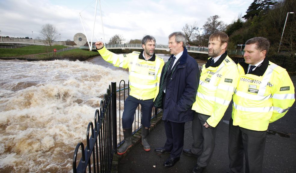 Martin Weiler (Environment Agency Area Mgr, Devon & Cornwall), Environment Secretary Owen Paterson; Richard Cresswell, Environment Agency, Director SW); John Varley Environment Agency Board Member