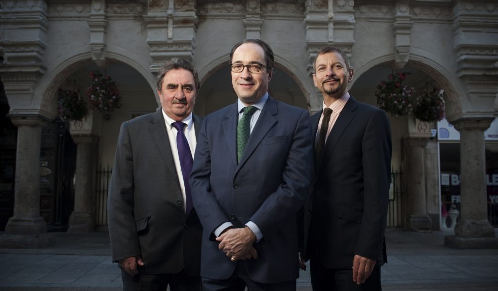 LGA Chair Sir Merrick Cockell (middle) with Exeter City Council's Leader Pete Edwards (left) and City Council Chief Executive and Growth Director Karime Hassan (right)