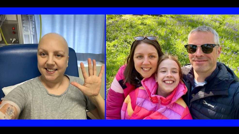 Amy Martin during treatment for breast cancer and recently with her family