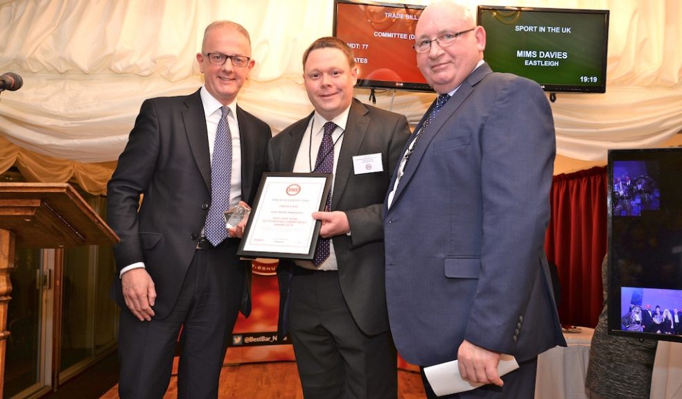 Simon Lane receives BBN Outstanding Commitment Award - L/R- Lord Smith of Hindhead; Simon Lane (Environmental Health and Licensing Manager, Exeter City Council); Mick McDonnell (National Coordinator, Best Bar None).