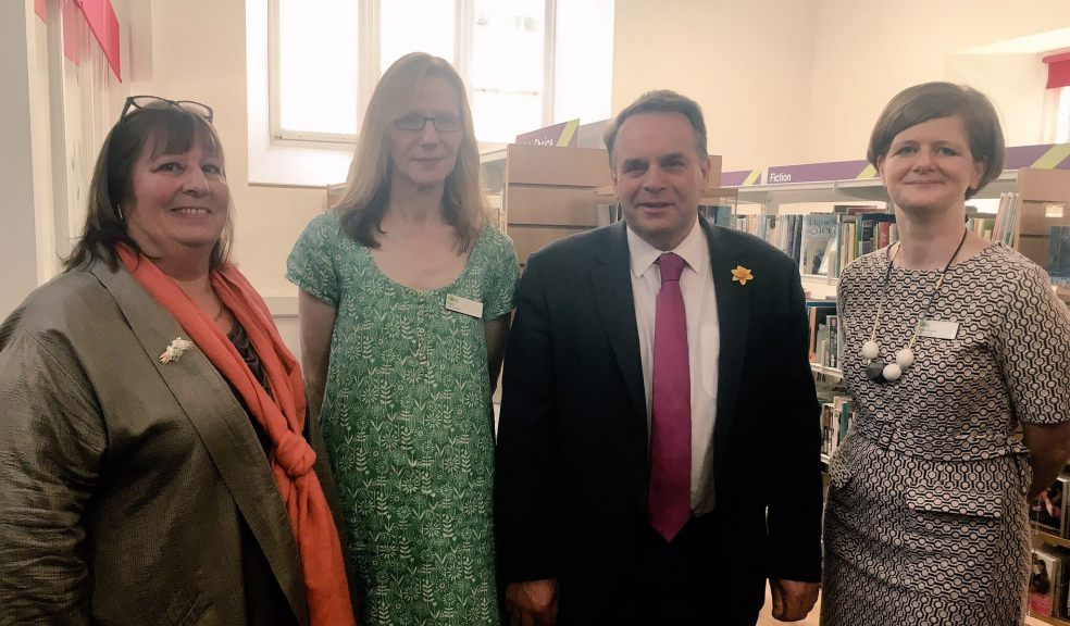 L-R, Julie Chair, Chair of the Board of trustees of Libraries Unlimited, Pam Wheeler from Bampton Library, Neil Parish MP, Ciara Eastell Chief Executive of Libraries Unlimited.