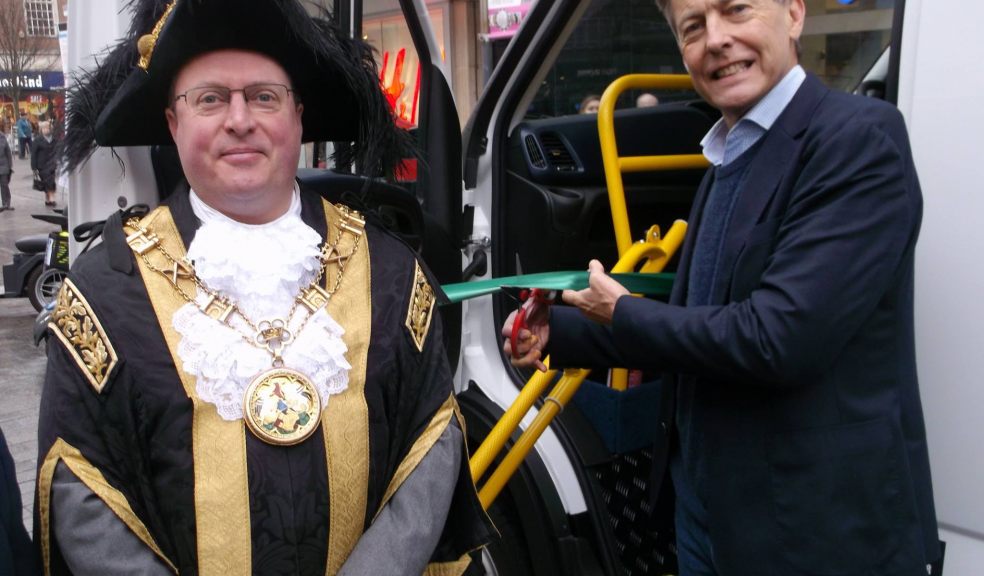 The Lord Mayor of Exeter Councillor Rob Hannaford and Ben Bradshaw MP cut the ribbon on the new bus ExeAccess bus