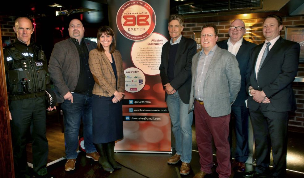Pictured: Best Bar None celebrates second anniversary. (L-R) Inspector Simon Arliss Exeter Sector Inspector, Dominic Borg Exeter Best Bar None Scheme Chair and General manager of Rosies, Supt Sam de Reya Chair of Exeter Community Safety Partnership, Rt Hon Ben Bradshaw MP, Cllr Rob Hannaford Portfolio Holder for Place, Mick McDonnell National Best Bar None Coordinator, Simon Lane Exeter Community Safety Partnership and Environmental Health and Licensing Manager, Exeter City Council