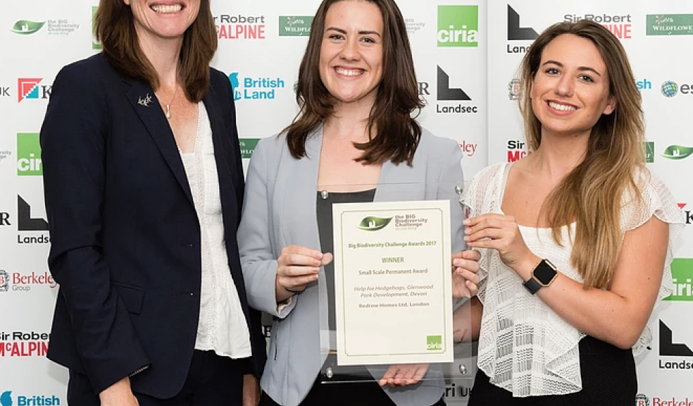 Anna Hughes and Nicola Pearson from Redrow’s Sustainability Team collecting the Big Biodiversity Challenge Award at the ceremony in London
