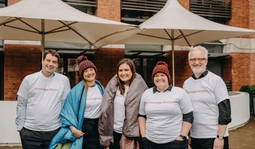 L-R: Browne Jacobson team completing their Autumnal sleep out: Managing Partner; Iain Blatherwick, Trainee solicitors; Claire Mills, Bethany Pickup, Gemma Pearce and HR Director Declan Vaughan. Photo by Neil Kates