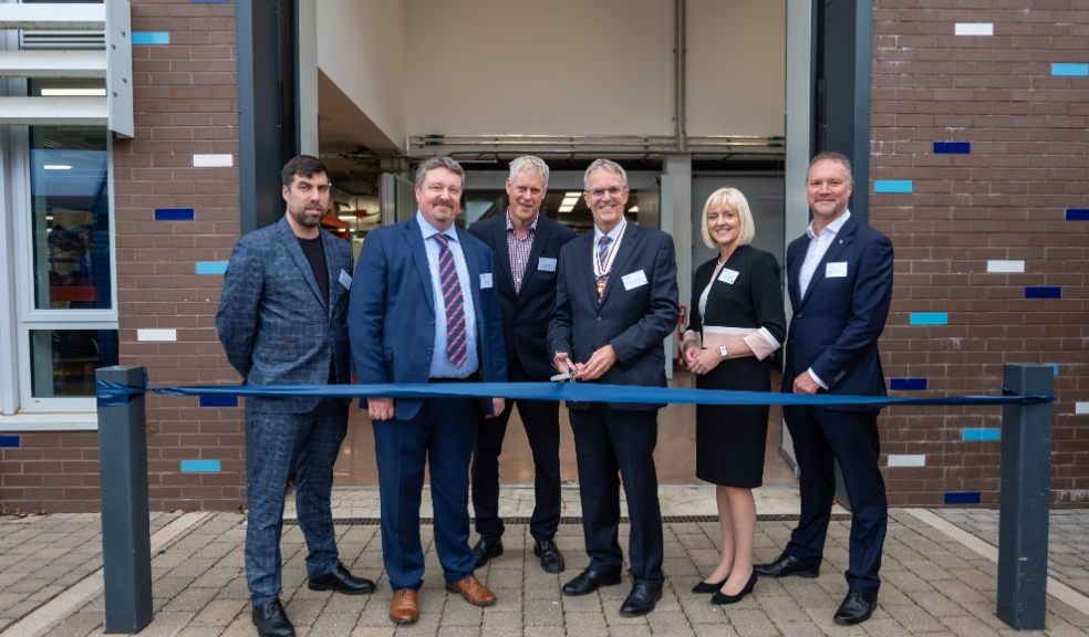Left to right: Brian Lambert (CFCM Experimental Officer), Chris Smith (Director of CFCM), James McNaughton (CFCM Business Development Manager), Deputy Lord Lieutenant of Devon Philip Bostock, Vice-Chancellor Lisa Roberts, Jim Sibson (Head of Research and Partnerships at Babcock International)