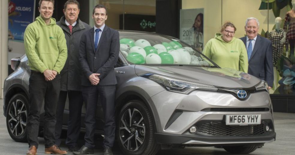 CHARITY PRIZE: From left, Josh Allan, community fundraiser for Children’s Hospice South West, Andy Littlejohns, Princesshay’s operations manager, Raymond Lang, assistant sales manager at Snows Toyota Exeter, Zoe Miles, trainee fundraiser for the hospice, and Phil Maddison, a group director at motor retailer Snows, which employs nearly 800 people across 35 dealerships in the South.