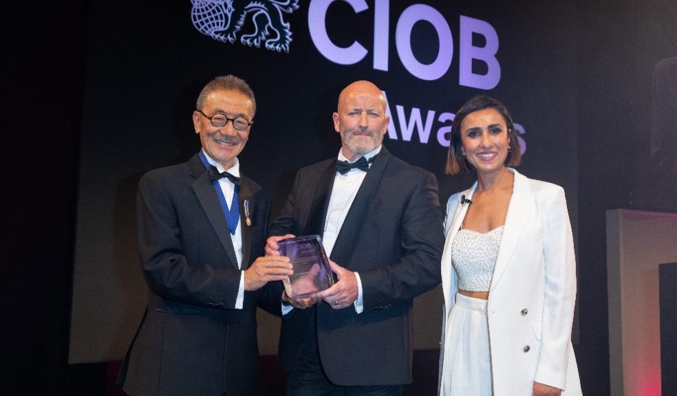 Joe collecting his Construction Manager of the Year Award from TV and radio presenter, Anita Rani and CIOB President, Dr Michael Yam.