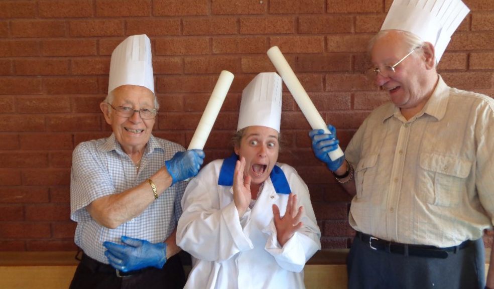 Cadogan Court residents Peter Lawry (left) and Ted Forward (right) lark about with the Home’s Activities Coordinator Luan Phillips.