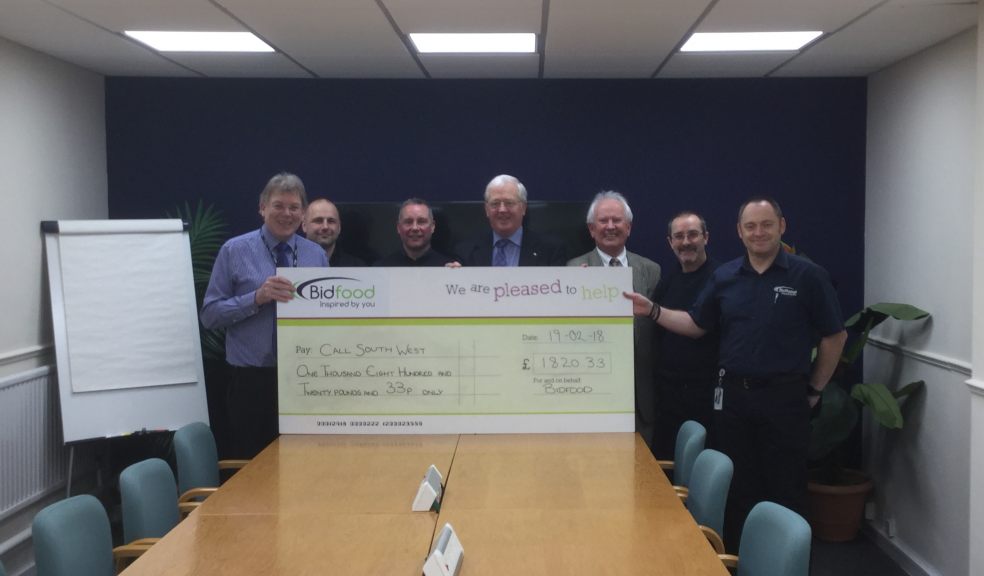 Left to Right: From Bidfood in Lee Mill- Richard Carswell, GM, Mark Weedon Warehouse Mgr, Dean Trice Warehouse Supervisok, Phil Way Warehouse Stock Supervisor, and Richard Hill Transport Manager. In the Centre: From Call South West- John Makin and Dr Geoffrey Perham.