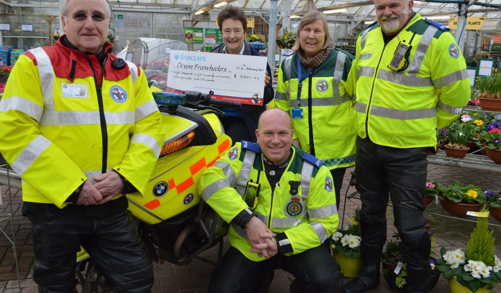 L – R Mo Ayling (Devon Freewheeler rider), Mary Harrison (on bike) (Otter Nurseries), Daniel Lavery (kneeling) (Devon Freewheeler rider and founder), Rosemary Woods (Devon Freewheelers Volunteer), Terry Hawkins (Devon Freewheelers rider)