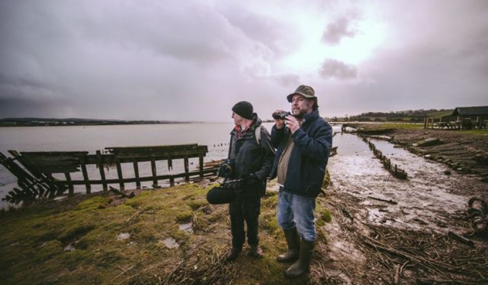Chris Watson and RSPB’s Tony Whitehead recording at Exminster Marshes. Photo: Matt Austin.