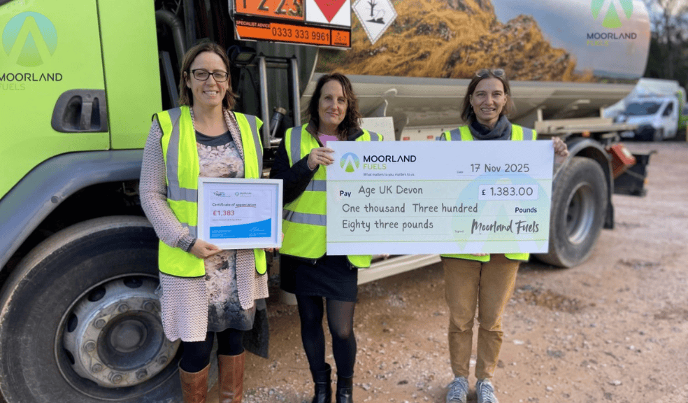 Age UK Devon l-r Abby Turner, Director (Moorland Fuels), Sophie Littlewood (Age UK) and Andrea Williams (Moorland Fuels)Moorland Fuels Raises over £1,300 for Age UK Devon 3 women holding up big cheque for Age UK Devon