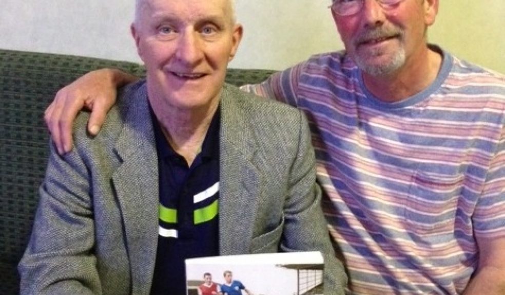 Davie Gibson (left) with Alan Devlin (right) at the book launch at Hibernian Football Club, Edinburgh, where Davie played for six years. Alan and Davie played together for Exeter City during the 1973/74 season