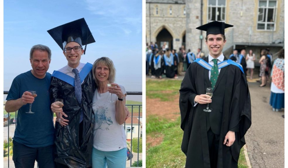 Dr Connor Williams in his homemade binbag graduation robes in 2020 and in graduation gown in 2022