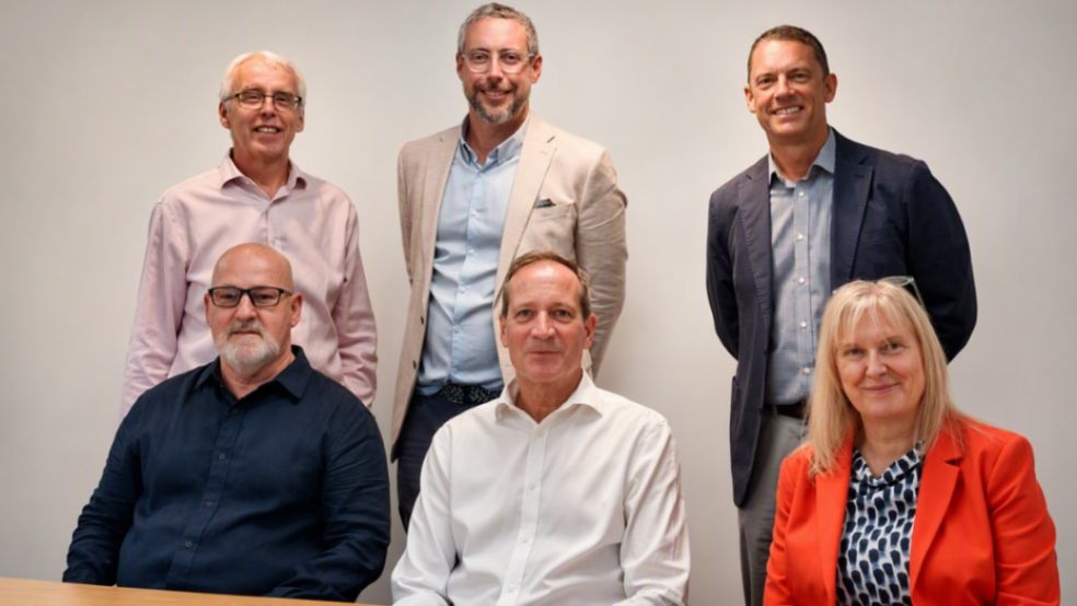 Front row (L-R): Dave Ward, Graham Farrant, Cath James. Back row (L-R): Paul Cooper, James Carpenter, Bevis Watts.
