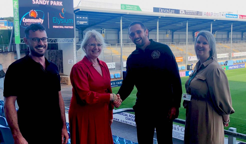 L to R James Bache, Head of Employer Brand and Recruitment Marketing, Elysium / Joy Chamberlain, CEO, Elysium / Aron Struminski, Community Development Manager, Exeter Chiefs and Kate Fishlock, Hospital Director at Elysium’s Pinhoe View