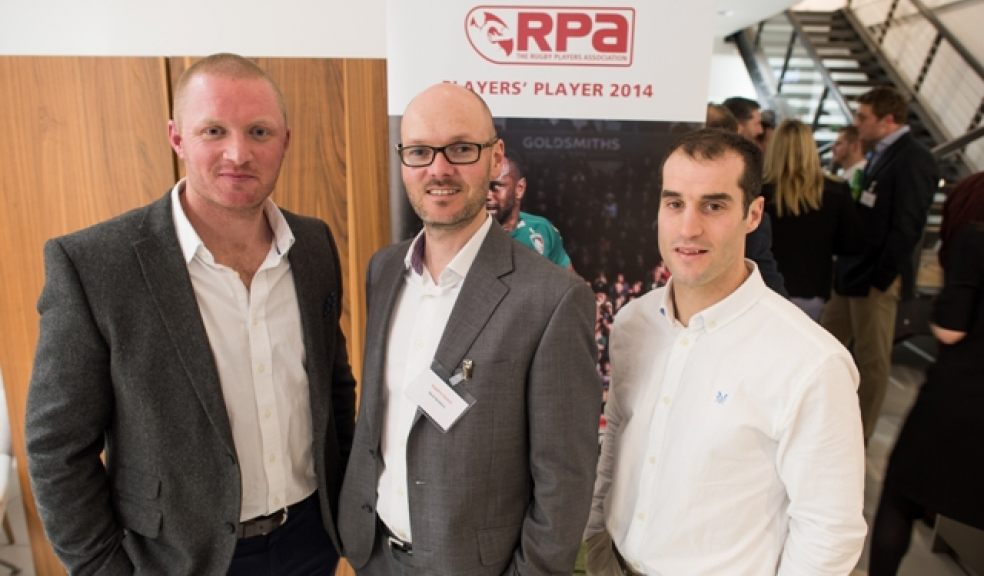 L-R: Josh Frape, RPA Player Development Manager for Exeter Chiefs, Mark Newbery, Managing Director of Sapphire Spaces Exeter and Haydn Thomas, RPA Player Representative for Exeter Chiefs