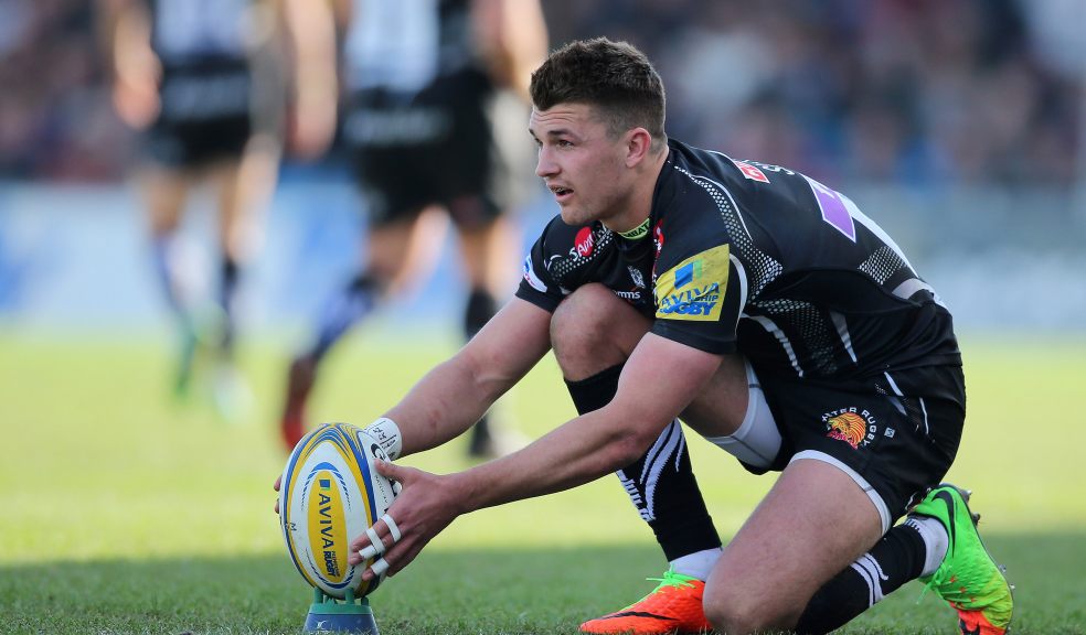 IN ACTION: Henry Slade of Exeter Chiefs lines up his kick during the Aviva Premiership match between Exeter Chiefs and Sale Sharks at Sandy Park, Exeter, Devon. Photo: Phil Mingo/Pinnacle Photo Agency UK