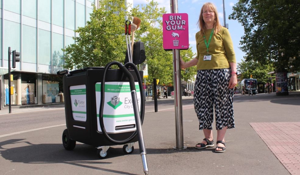 Photo: Exeter City Council. chewing gum bin it sign in Exeter city centre