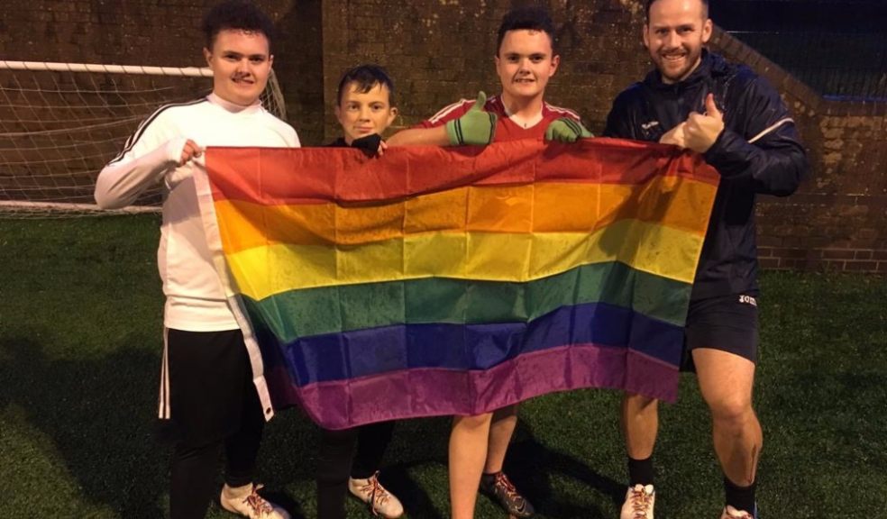 Exeter City Deaf Youth session members Jay, Alfie, Milan and Ash supporting rainbow laces at Wonford Sports Centre. Photo: Alan Quick.