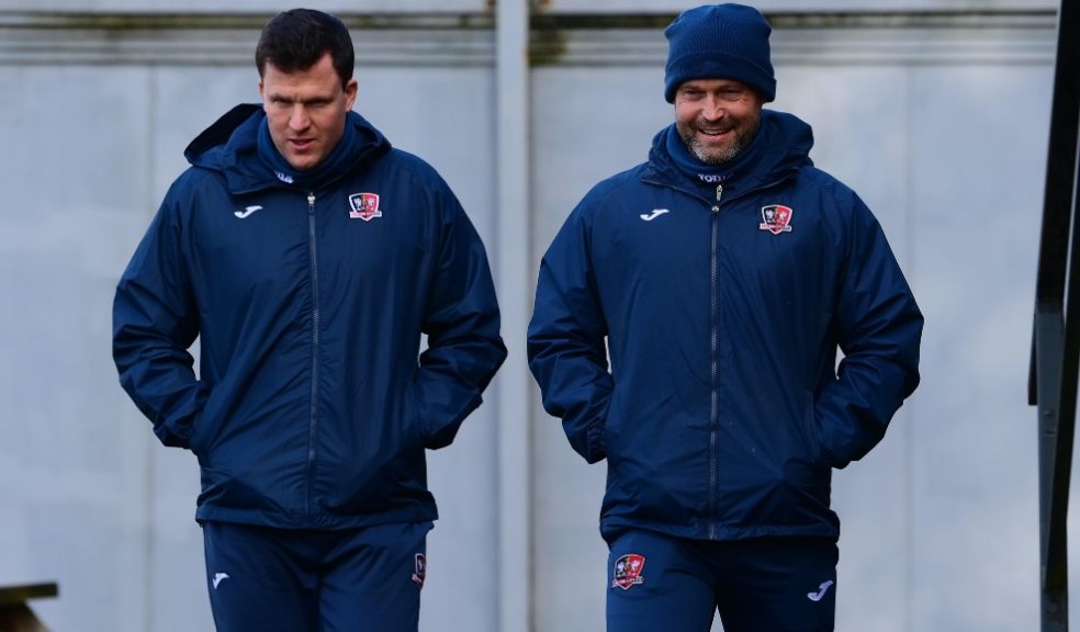 Exeter City manager Gary Caldwell (left) with assistant manager Kevin Nicholson.