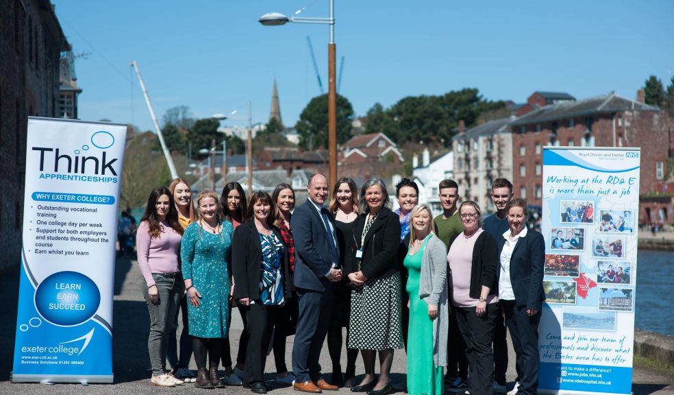 Exeter College and the Royal Devon & Exeter NHS Foundation Trust join forces to train health leaders of the future. Pictured are RD&E staff who have been undertaking the leadership training at the Haven Banks Outdoor Education Centre at Exeter Quay, along with Rob Bosworth, Vice Principal (Schools, Partnerships and Curriculum) Exeter College, pictured centre right, with Tracey Cottam, Executive Director of Transformation & Organisational Development, RD&E.