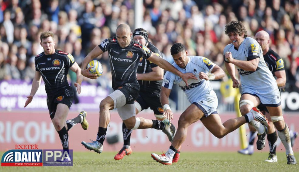 Olly Woodburn of Exeter Chiefs goes over for a try. Photo: Phil Mingo/Pinnacle @ppauk