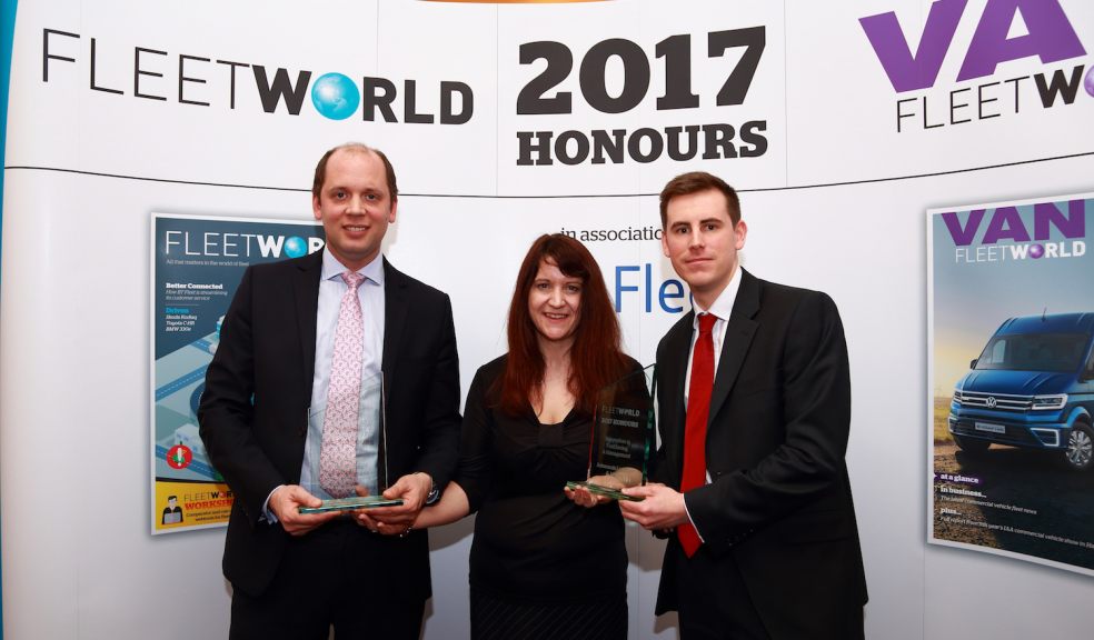Martin Kadhim, Director in charge of Partnerships at Lightfoot, receiving the Fleet World Honours ‘Industry Innovation in Fuel Saving and Management’ award from Natalie Middleton, Fleet World business editor, alongside Jonathon Gray, Senior Commercial Motor Underwriter, Allianz Insurance Plc.
