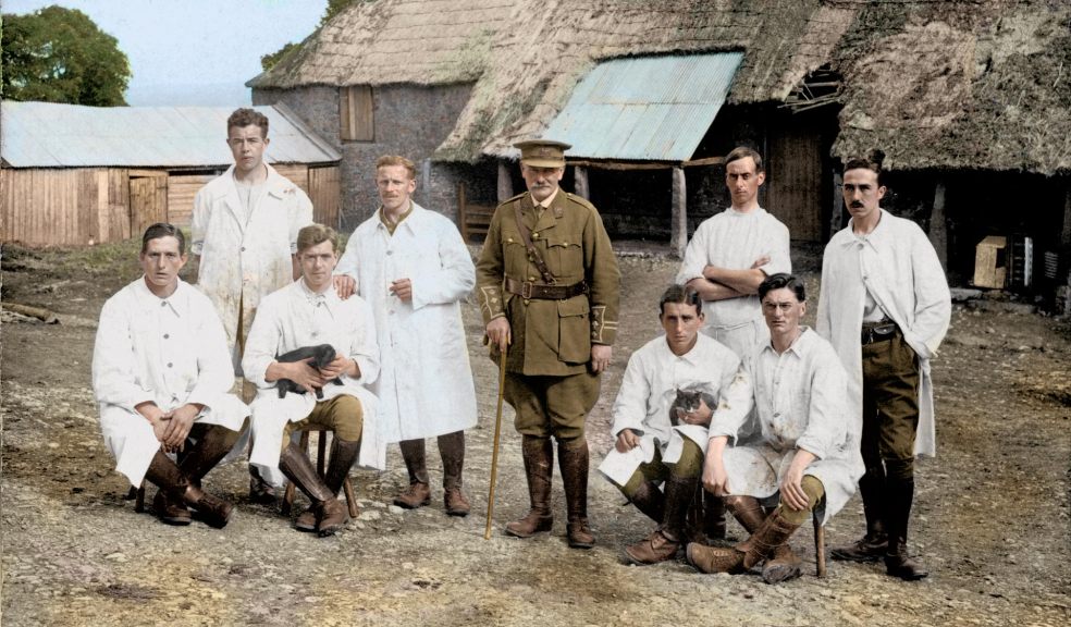 Patients at the Seale-Hayne Military Hospital farm near Newton Abbot during WW1. With thanks to the Seale-Haynians Club Archive.