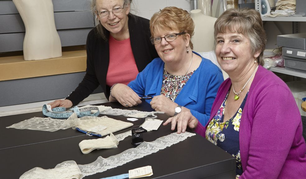 Lesley Robson, Friends Committee member, Carol McFadzean and Liz Trebble, lace experts and RAMM volunteers, accessioning the newly purchased lace