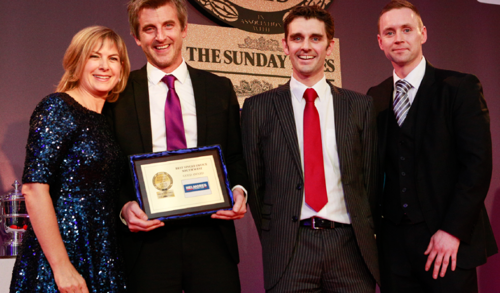 Penny Smith presenting the Gold Award to Rob Stoyle and Phil Morgan (Owners and Partners of Helmores Estate Agents) with the sponsor from The Sunday Times