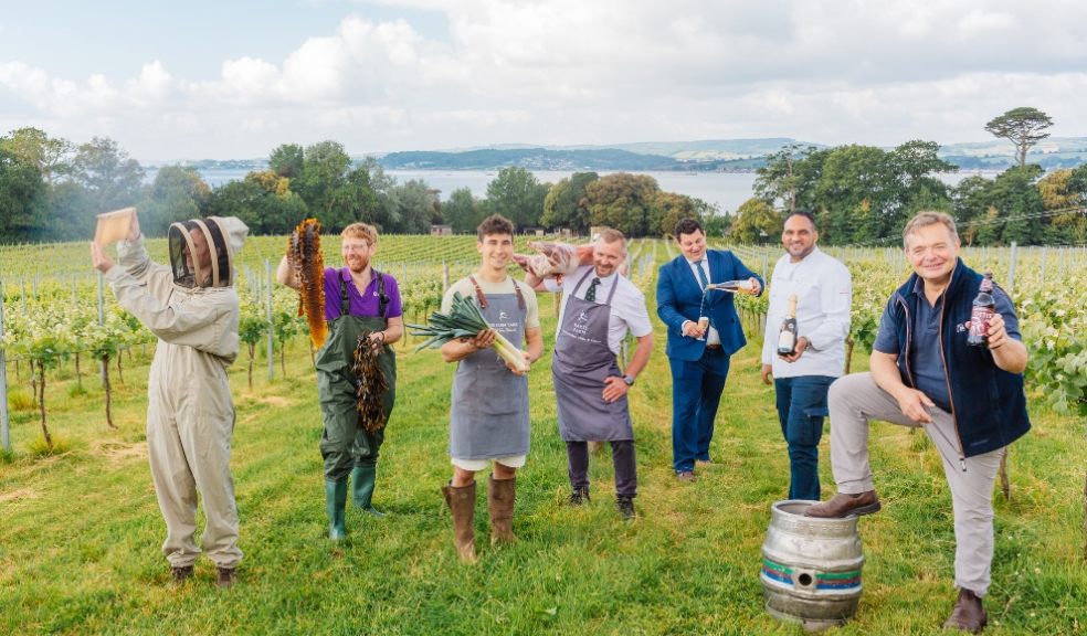 The farmers, growers, chefs & producers behind the Taste East Devon Food Festival. L to R: Sophie The PIG-at Combe; John Hammond, Ebb Tides; George Dart, Darts Farm; Phil David, the Butchers at Darts Farm; Michael Caines, Lympstone Manor; Patrick McCaig, Otter Brewery. Photo credit: Becky Craven.
